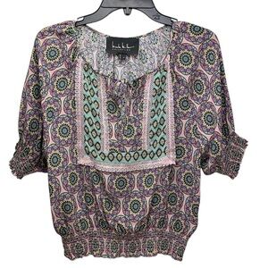 Nicole‎ Miller Glassflower Silk Blend Peasant Top Blouse Medium Puff Slee…